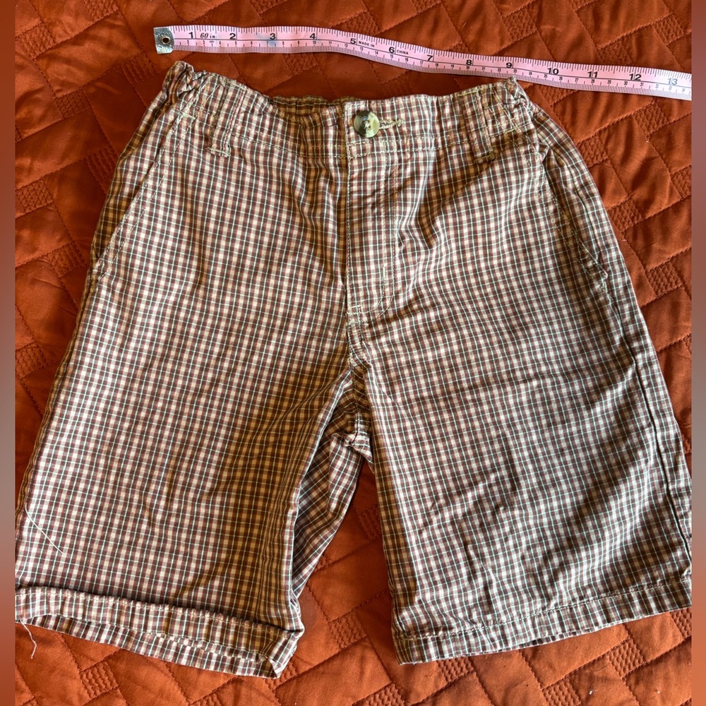Janie and Jack Boys brown, white, and red Plaid Shorts Size 6